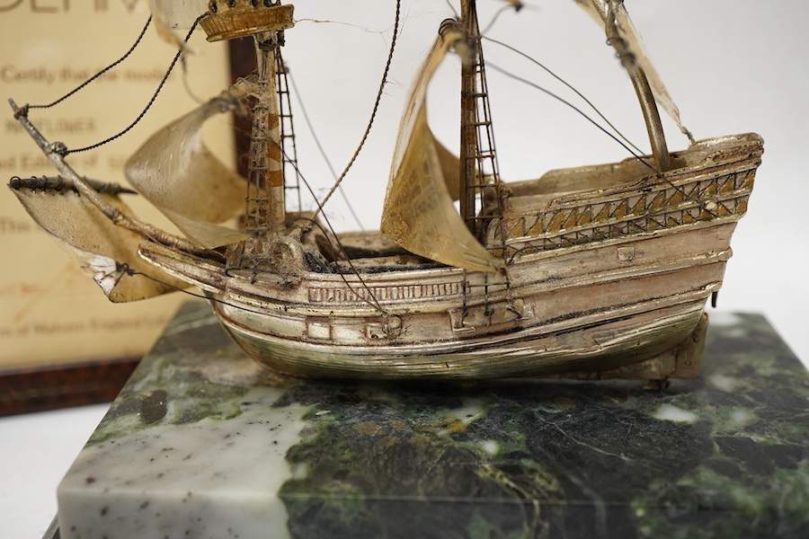 A modern miniature silver limited edition model of the Mayflower sailing ship, by Boehm of Malvern England, Birmingham, 1987, on a marble and wooden plinth base, no. 354/500, ship dimensions length 13cm, height 13.5cm, w